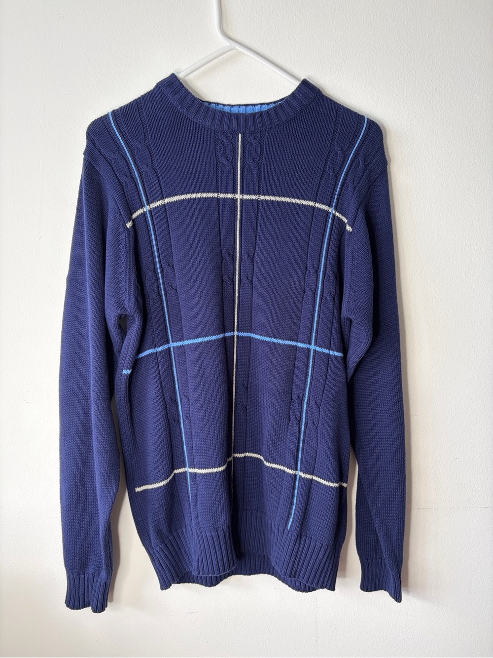 Oscar de la Renta NWT Mens Small Blue Cable Knit Windowpane Sweater 100% Cotton
